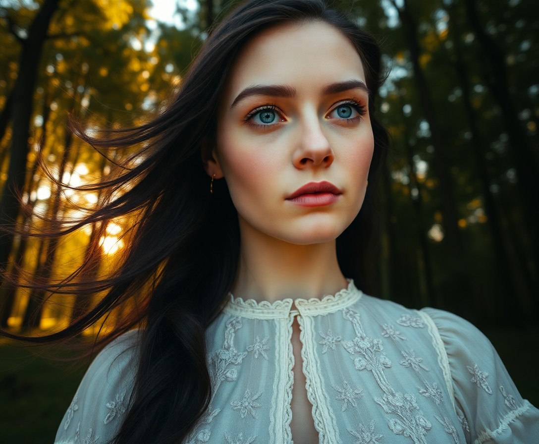 AI generated art for prompt: A hyperrealistic portrait depicts a Nordic woman in her late 20s with porcelain skin and flowing rav