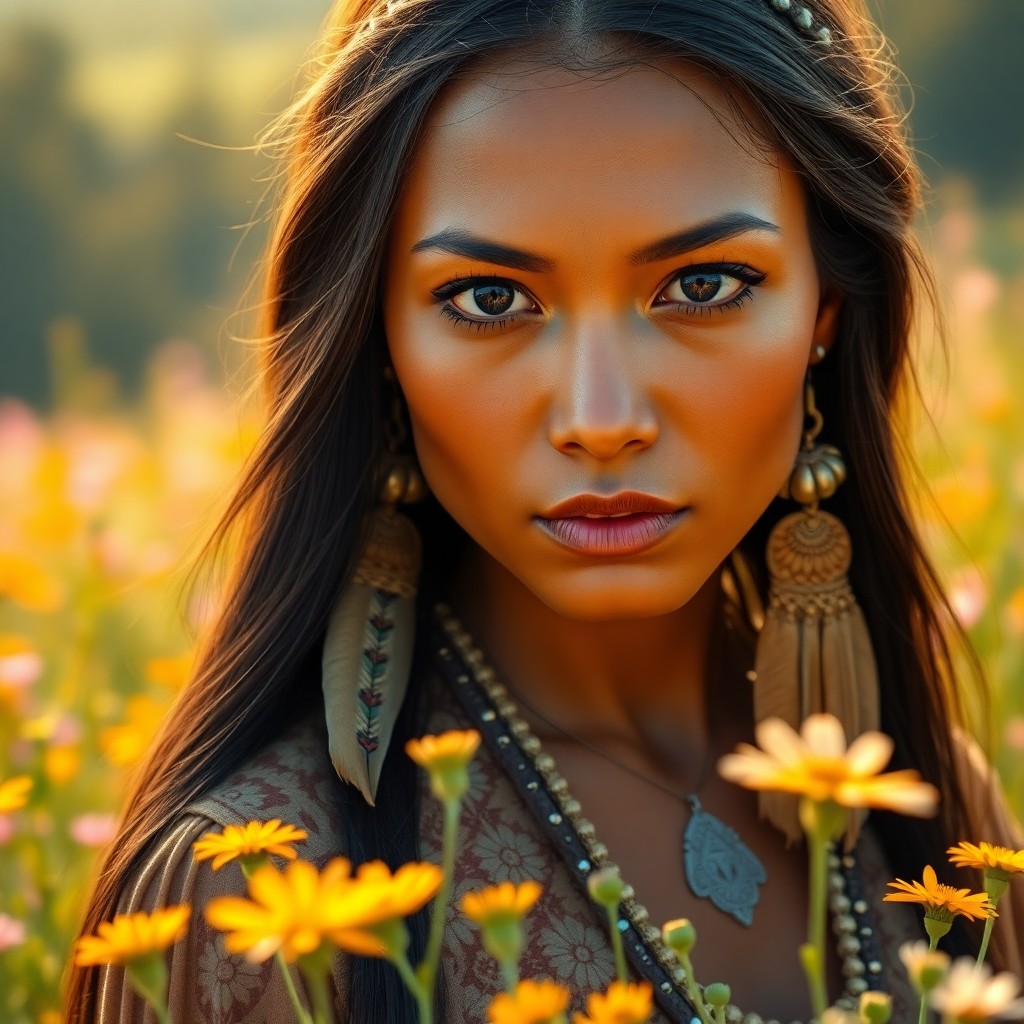 AI generated art for prompt: Craft a photorealistic portrait of a pensive Native American woman with smooth bronze skin, deep bro