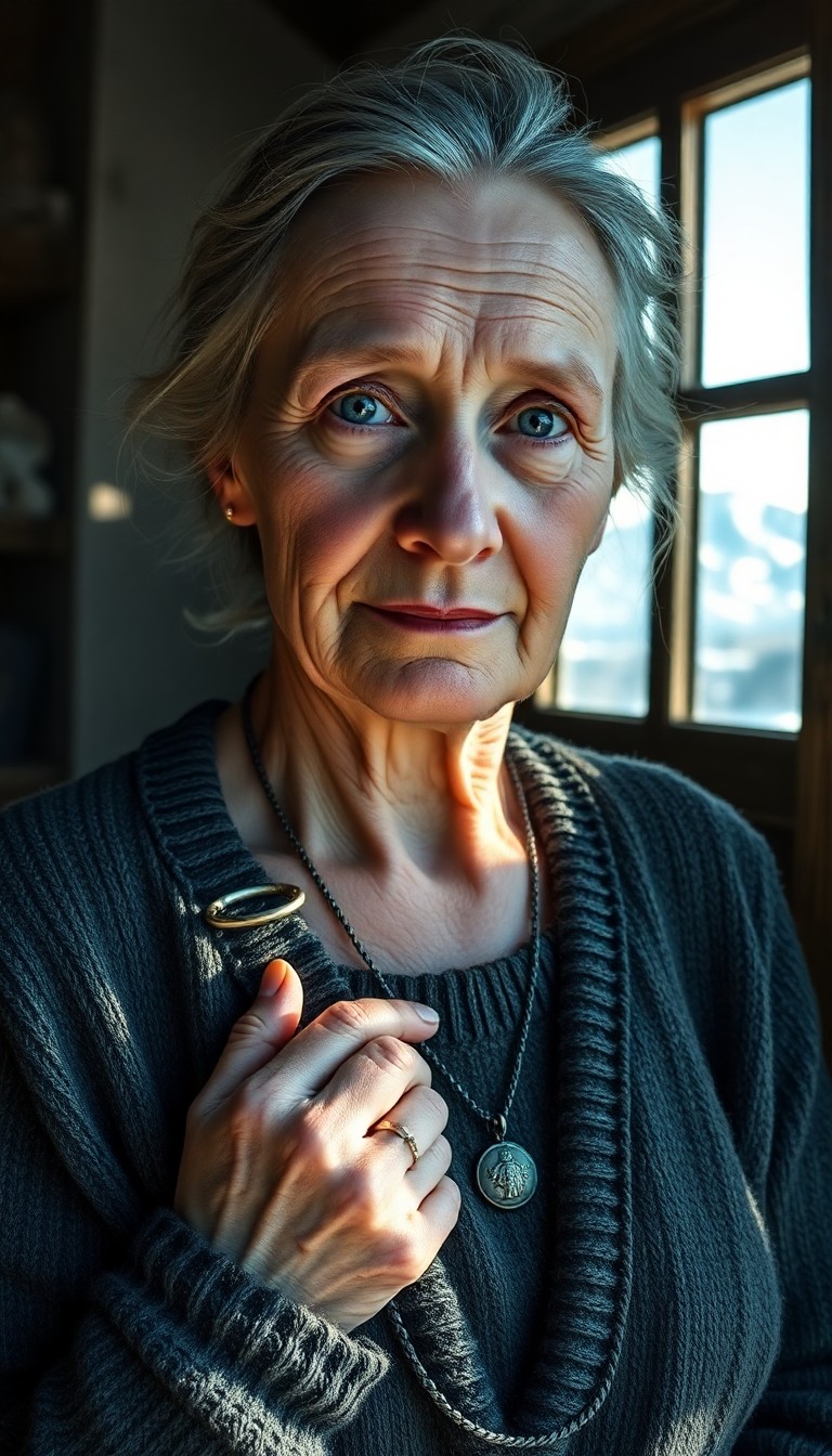 AI generated art for prompt: A photorealistic portrait photograph captures an elderly Nordic woman with porcelain skin, illuminat