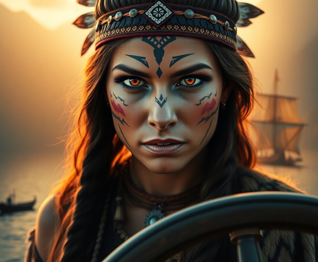 AI generated art for prompt: A photorealistic portrait depicts a Native American warrior woman with striking amber eyes and intri