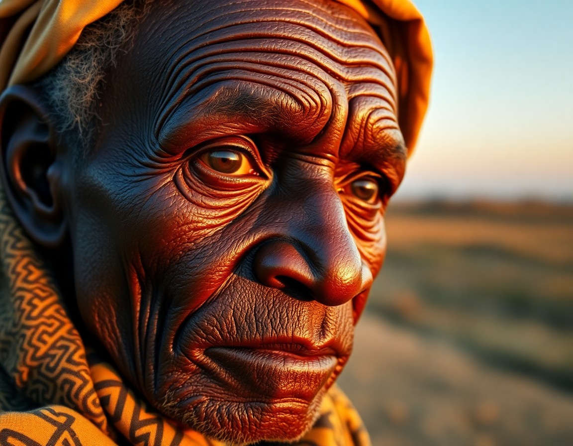 AI generated art for prompt: A photorealistic portrait photograph captures an African elder with deep creases adorning their face