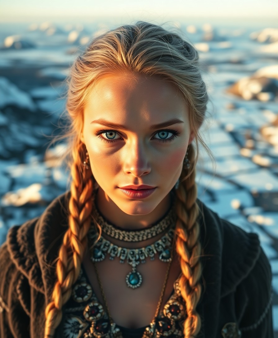 AI generated art for prompt: Craft a photorealistic portrait of a Slavic woman with piercing blue eyes and porcelain skin from an