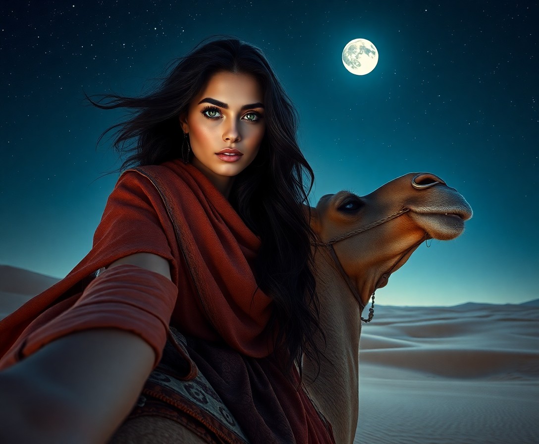 AI generated art for prompt: Envision a captivating portrait of an enchanting Middle Eastern woman with cascading dark waves fram