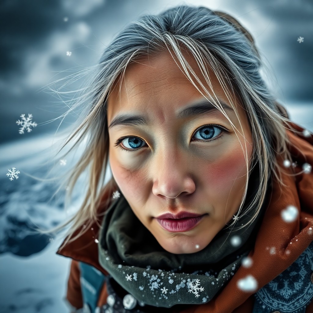 AI generated art for prompt: Envision an enigmatic East Asian explorer with piercing blue eyes and rugged features honed by years