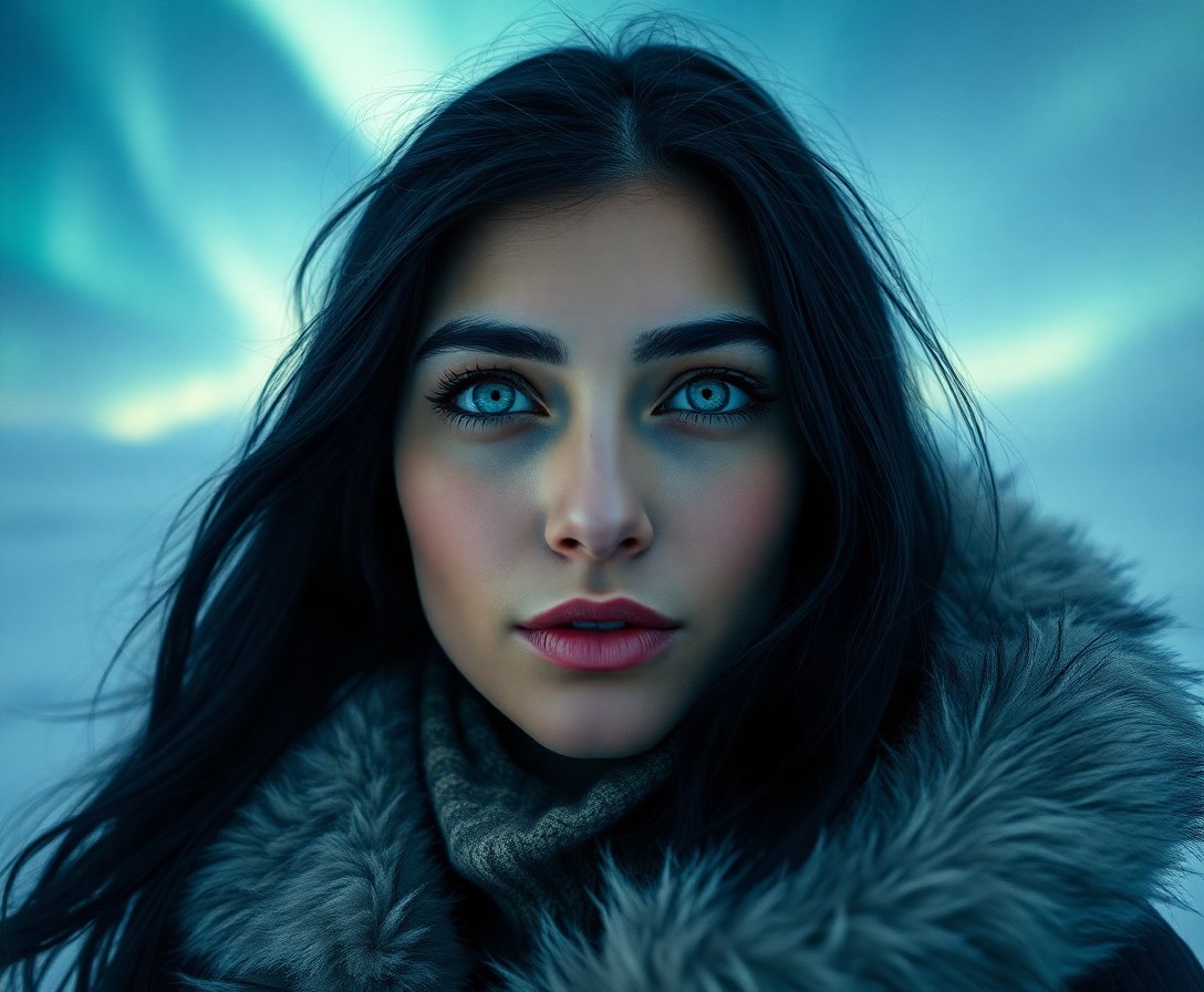 AI generated art for prompt: Imagine a photorealistic portrait of a Middle Eastern woman with piercing icy blue eyes and lustrous