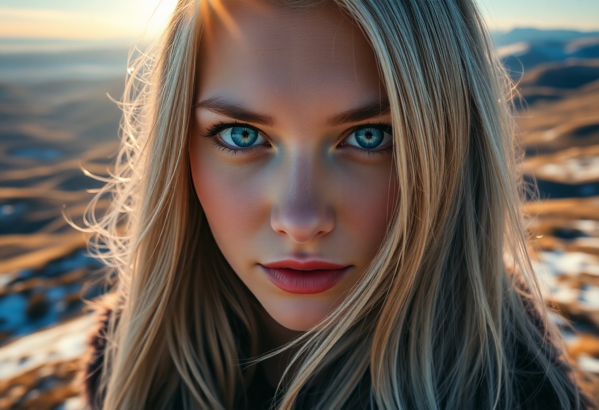 AI generated art for prompt: A photorealistic portrait captured by a DSLR showcases an enigmatic Nordic woman with piercing blue 