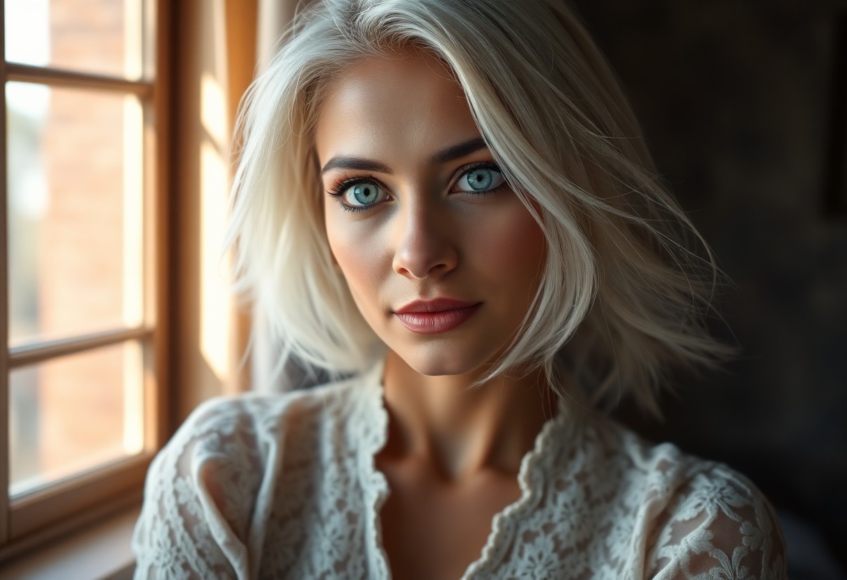 AI generated art for prompt: A photorealistic portrait showcases a South Asian woman with striking blue eyes and flowing platinum