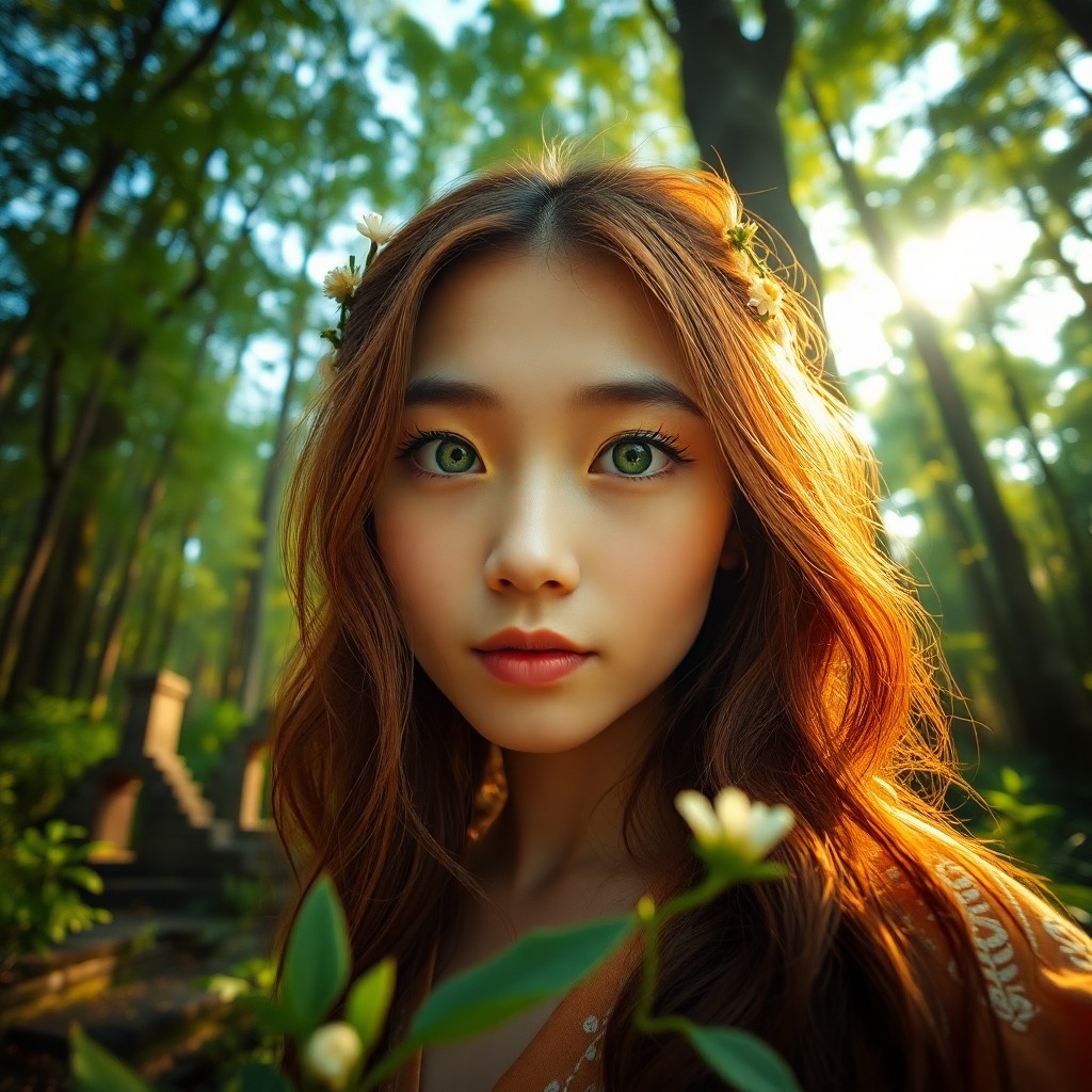 AI generated art for prompt: A captivating portrait photograph showcases an East Asian woman with fair skin glowing in soft golde