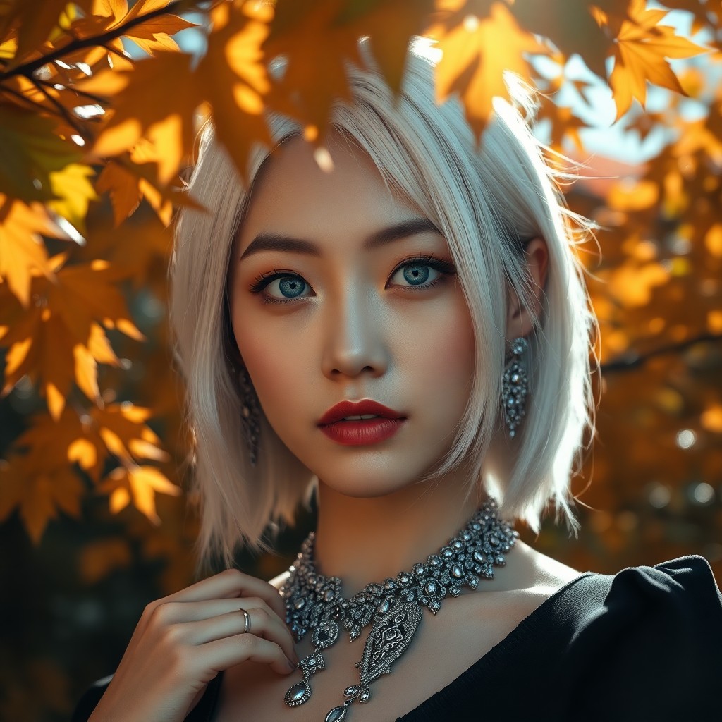 AI generated art for prompt: A photorealistic portrait photograph depicts an East Asian woman with striking blue eyes and shoulde