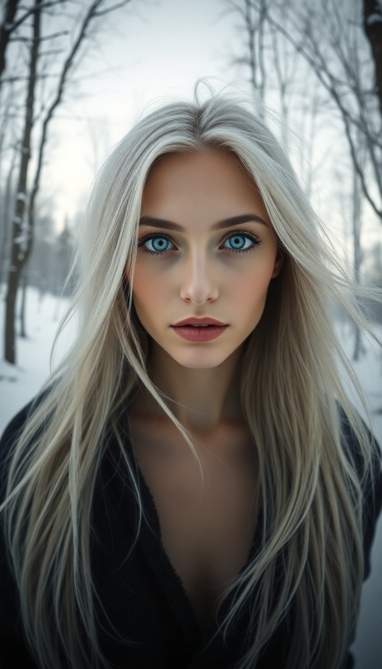 AI generated art for prompt: An enigmatic Hispanic woman, her striking pale blue eyes and long silver-streaked platinum hair blow