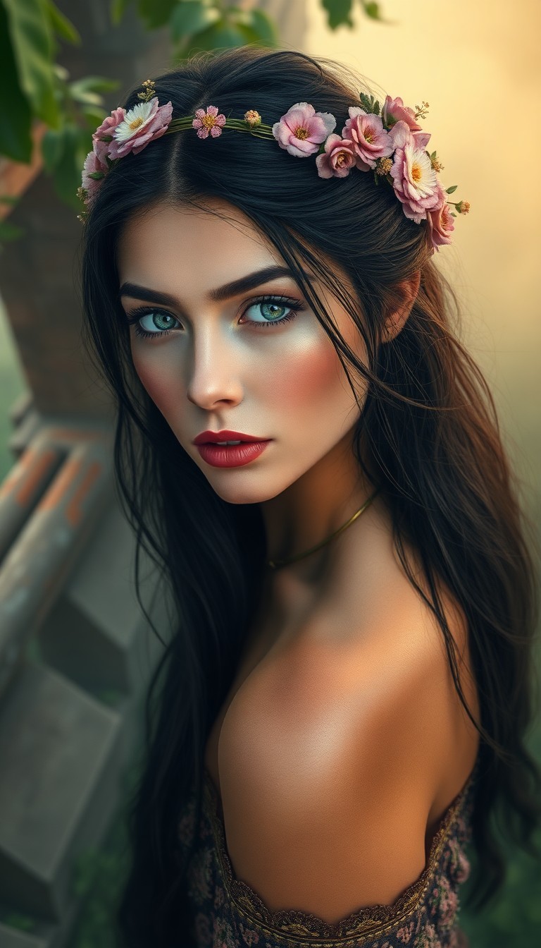 AI generated art for prompt: A photorealistic portrait featuring an enchanting Eastern European woman with mesmerizing green eyes