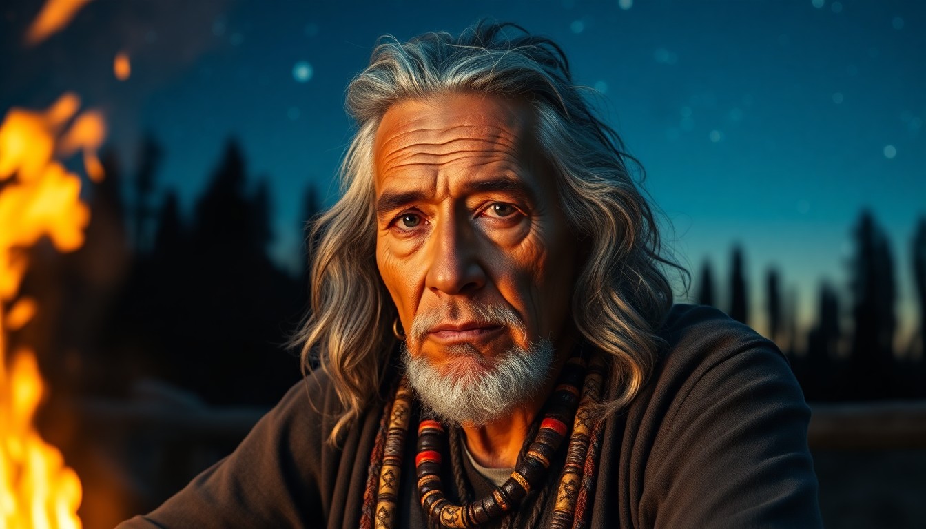 AI generated art for prompt: Craft a photorealistic portrait of an elderly Native American man with soulful eyes and wavy gray ha