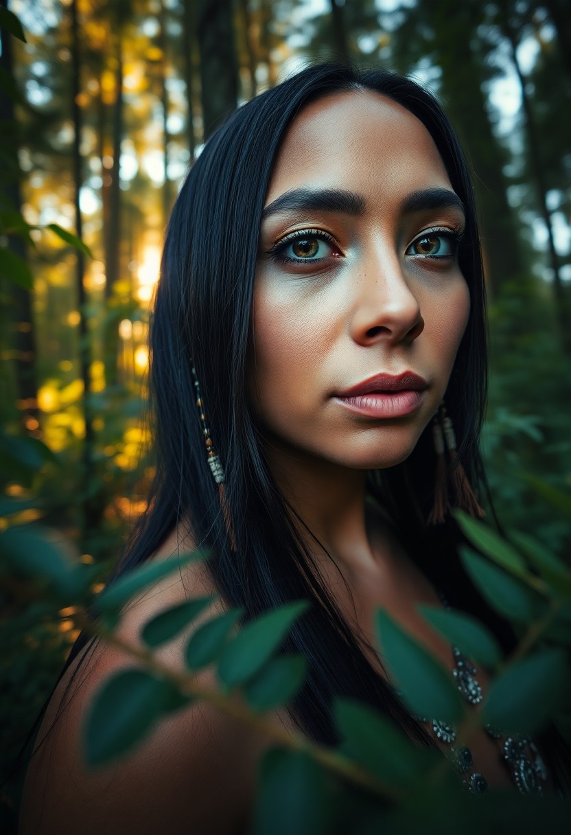 AI generated art for prompt: A captivating portrait photograph encapsulates the essence of a Native American woman with mesmerizi