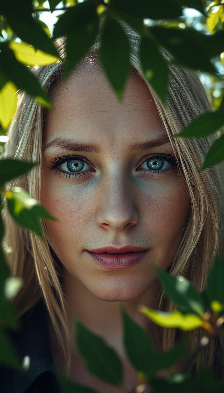 AI generated art for prompt: Imagine a portrait photograph of a Nordic woman with piercing blue eyes and ash-blonde hair, her ser