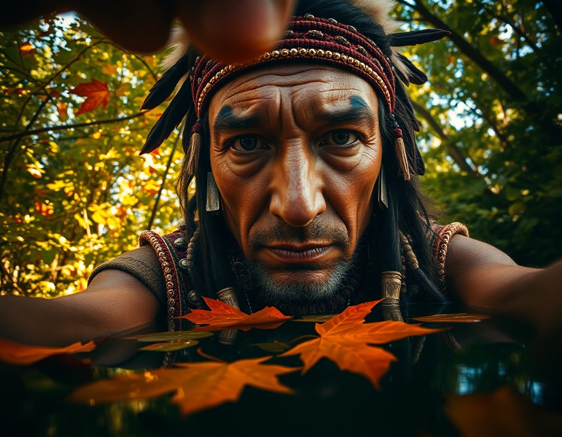 AI generated art for prompt: A smartphone camera captures an intense portrait of a Native American shaman, his deep brown eyes an