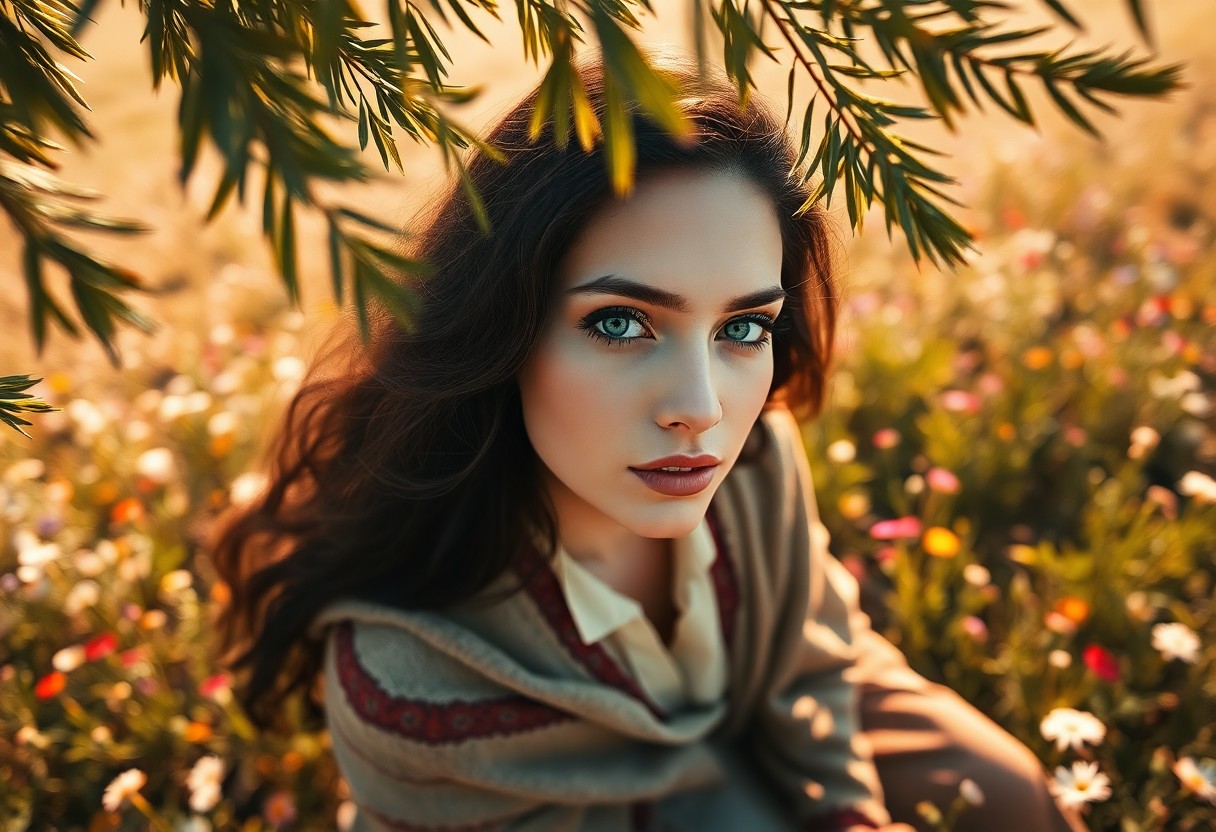 AI generated art for prompt: Envision a portrait photograph of an Eastern European woman, her captivating emerald eyes and raven 