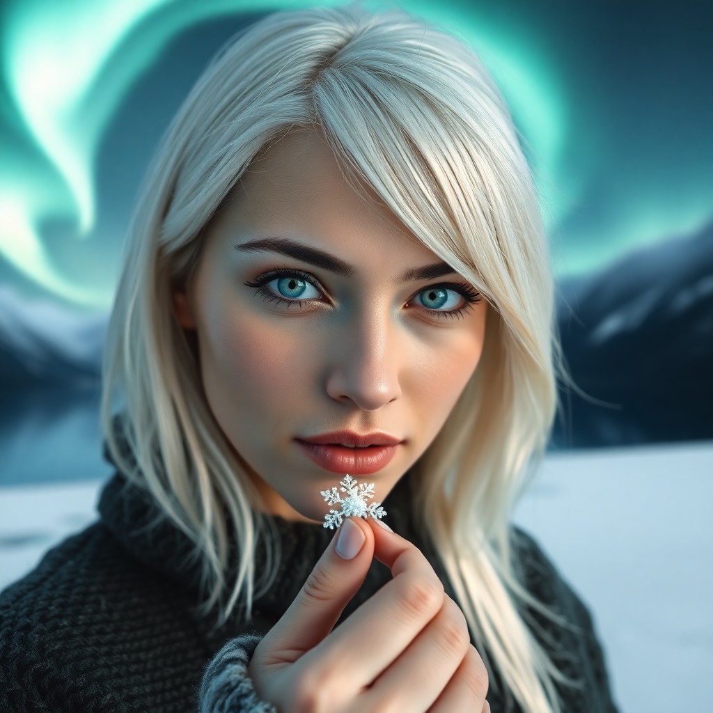 AI generated art for prompt: A Middle Eastern woman with captivating emerald eyes and shoulder-length platinum blonde hair stands