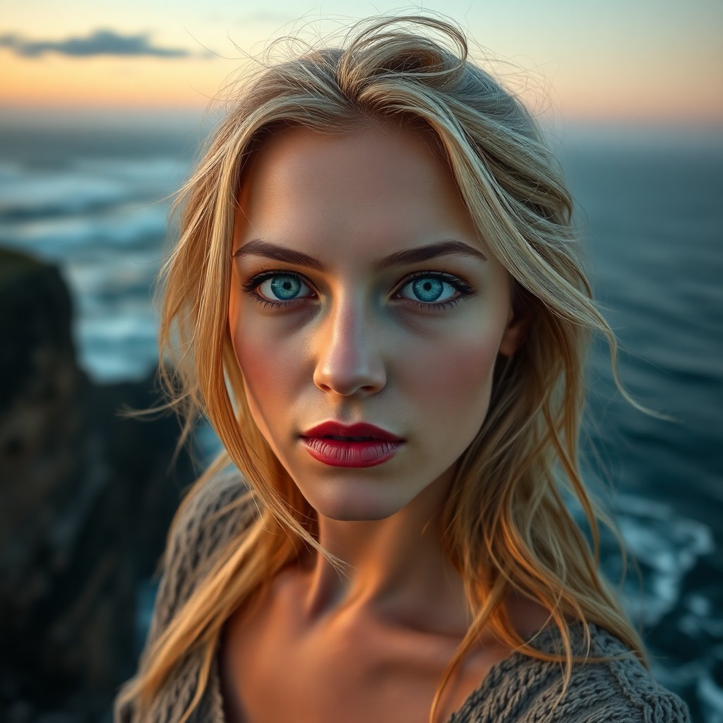 AI generated art for prompt: A photorealistic portrait of a European woman with porcelain skin and piercing blue eyes stands at t