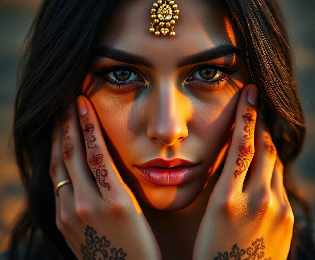 AI generated art for prompt: Photorealistic portrait of a Middle Eastern woman with dark eyes and long black hair adorned by gold