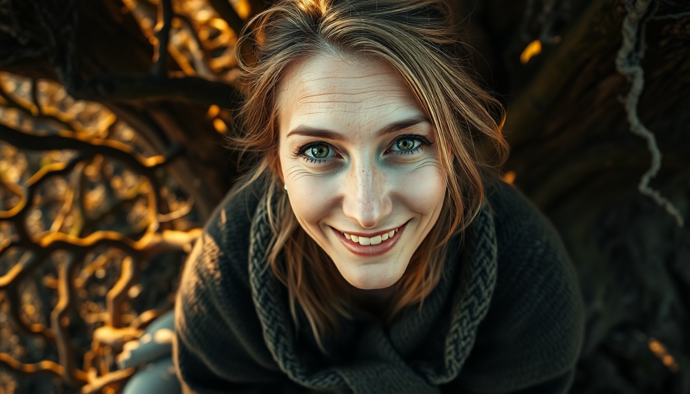 AI generated art for prompt: A portrait photograph captures an enigmatic Nordic woman with piercing green eyes, sun-kissed hair, 