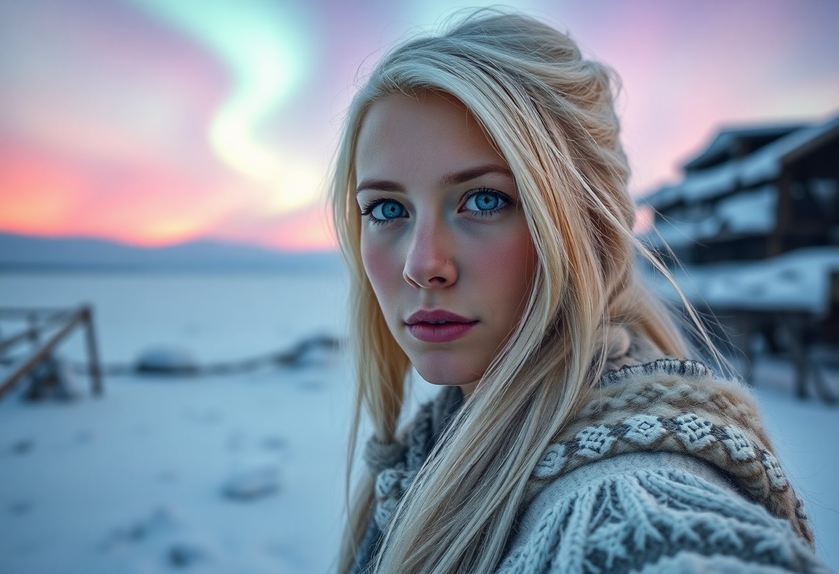 AI generated art for prompt: Envision a digital portrait of a Native American woman with piercing blue eyes and icy blonde hair, 