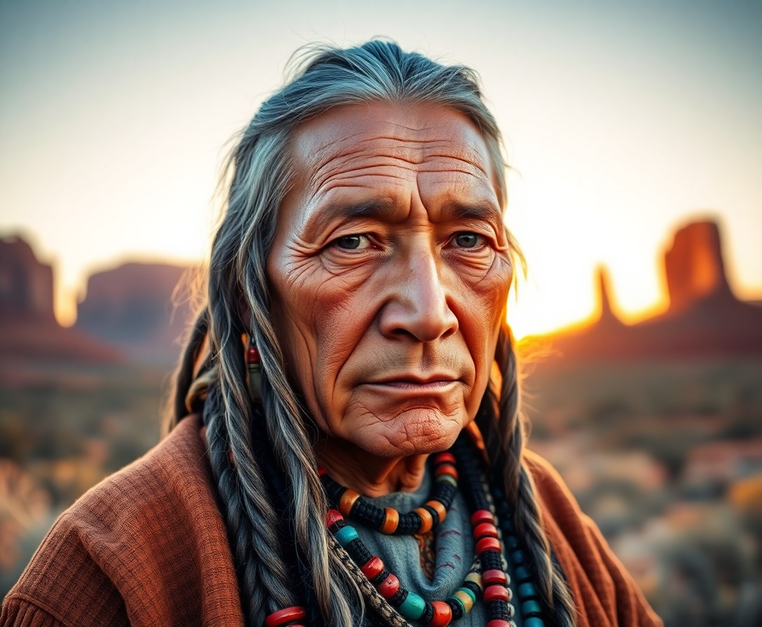 AI generated art for prompt: A stoic yet contemplative Native American elder with deep-set eyes and long gray braids adorned in c