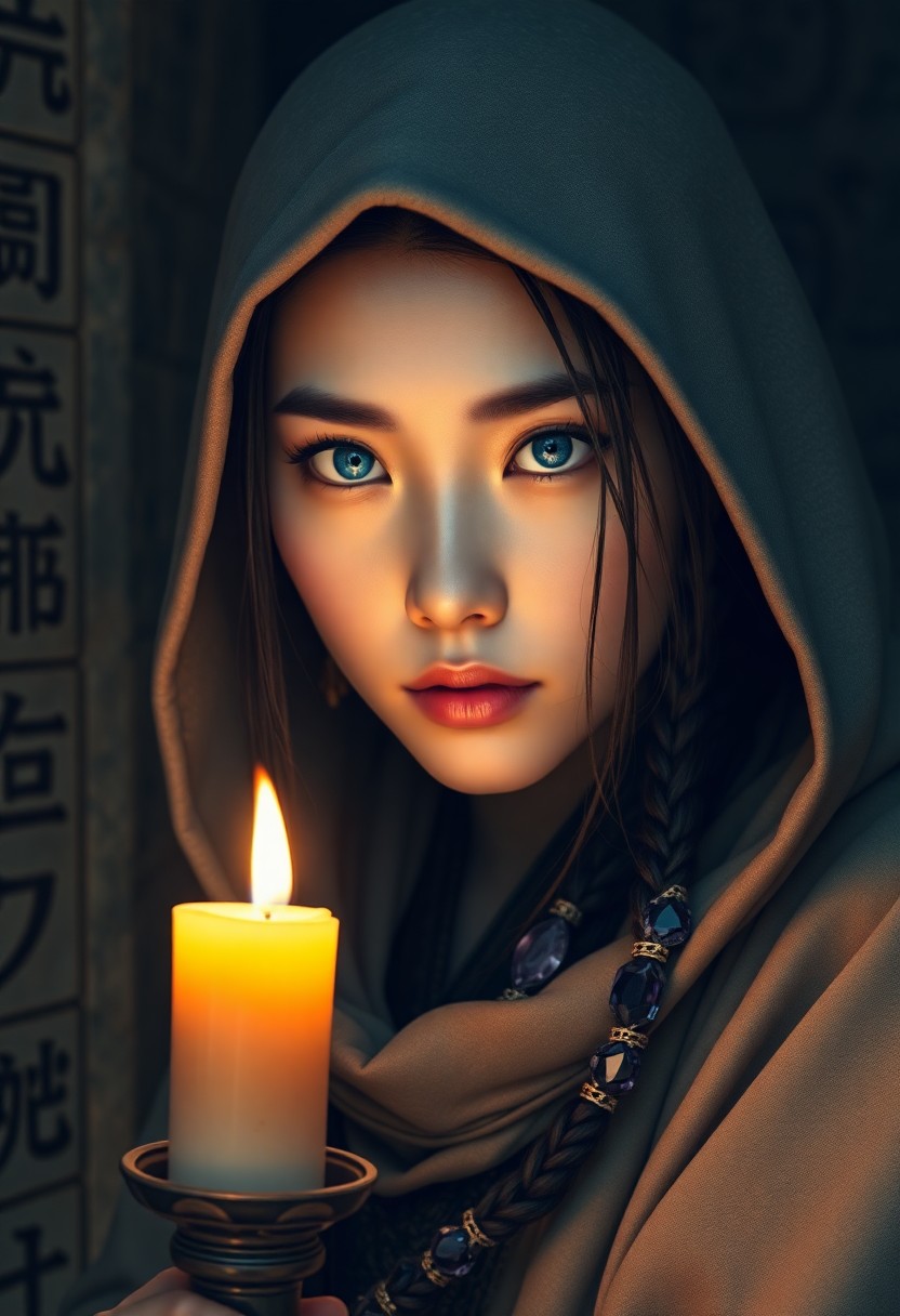 AI generated art for prompt: Create a captivating ultrarealistic portrait of an East Asian woman with striking blue eyes and intr