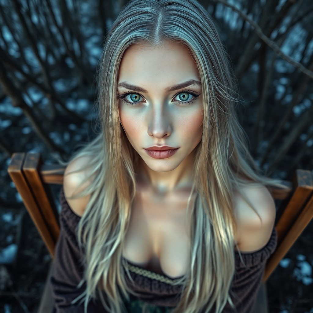 AI generated art for prompt: A photorealistic portrait of an enigmatic Native American woman with captivating ice-blue eyes and l