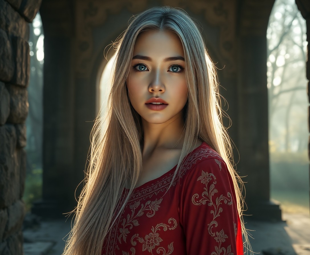 AI generated art for prompt: A portrait photograph, captured with a DSLR, depicts an enigmatic East Asian woman with fair skin, p