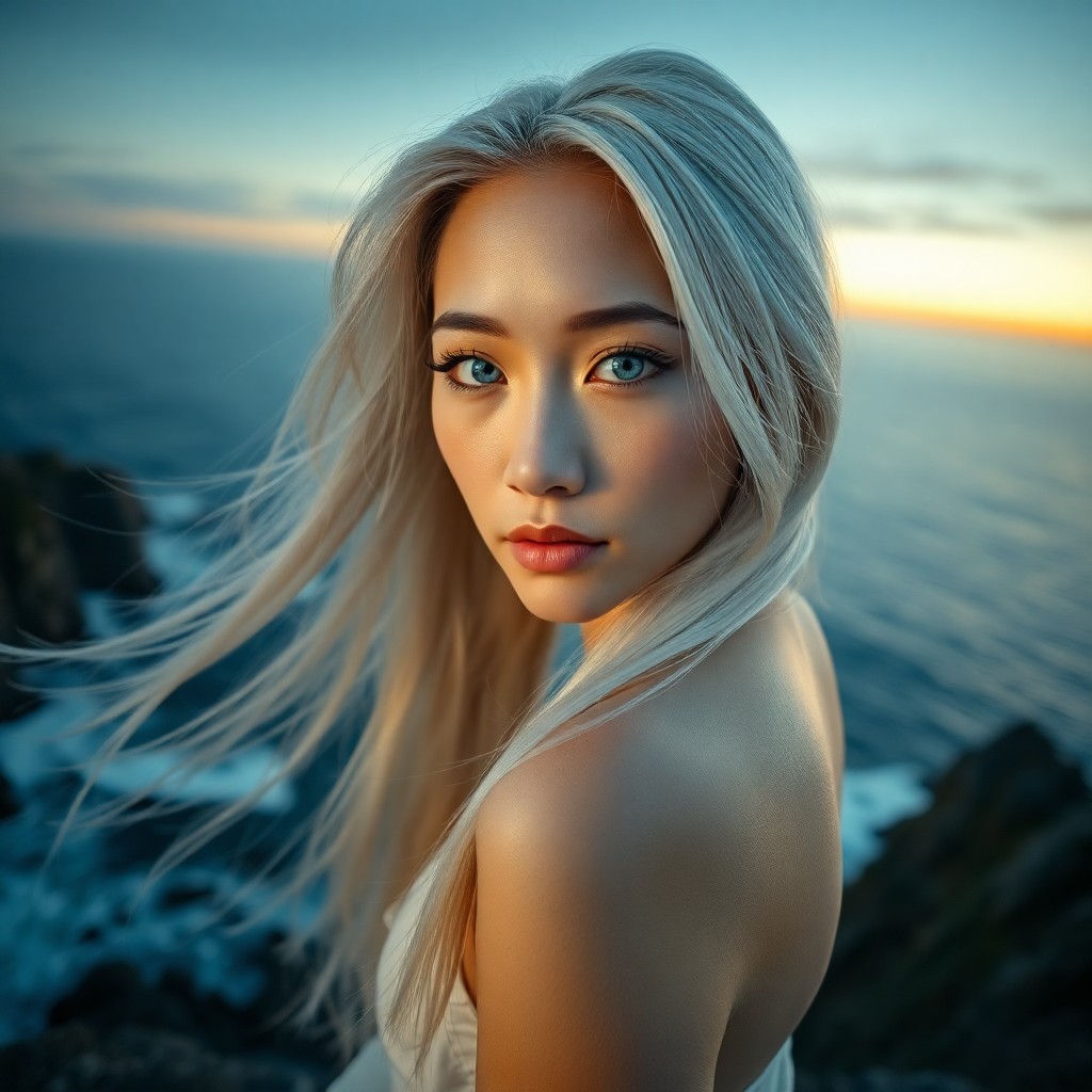 AI generated art for prompt: A portrait photo captures an East Asian woman with piercing blue eyes and long, flowing platinum hai