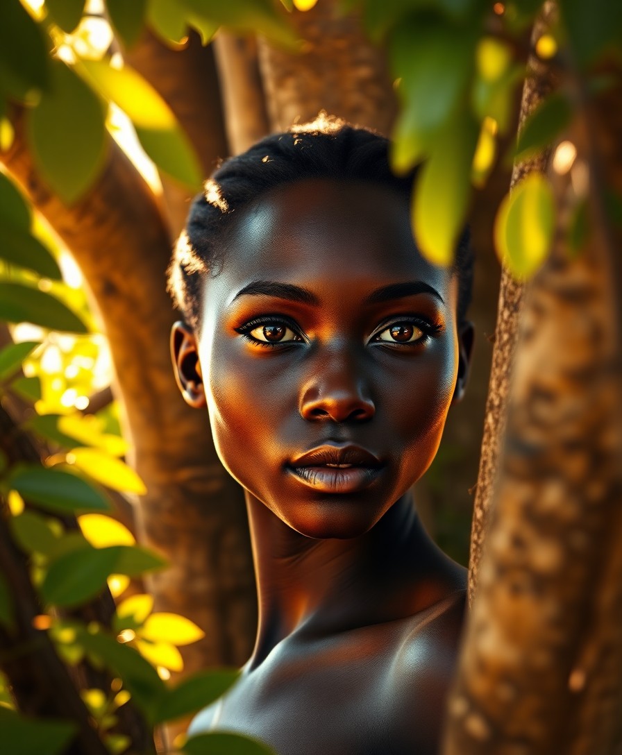 AI generated art for prompt: Create a super-realistic portrait of a young African woman with soulful brown eyes and smooth, dark 