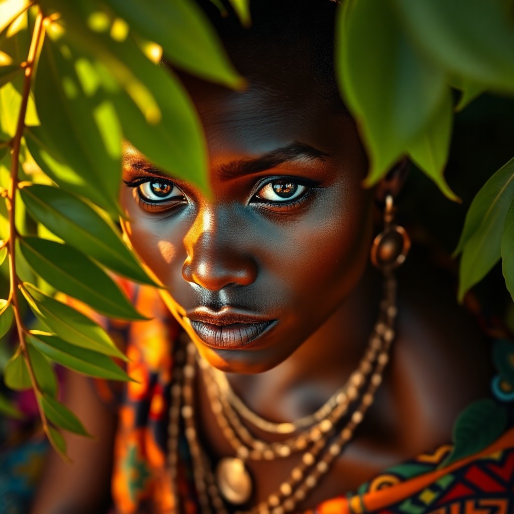 AI generated art for prompt: A hyperrealistic portrait of an enigmatic African woman with deep, dark eyes and a rich cultural her