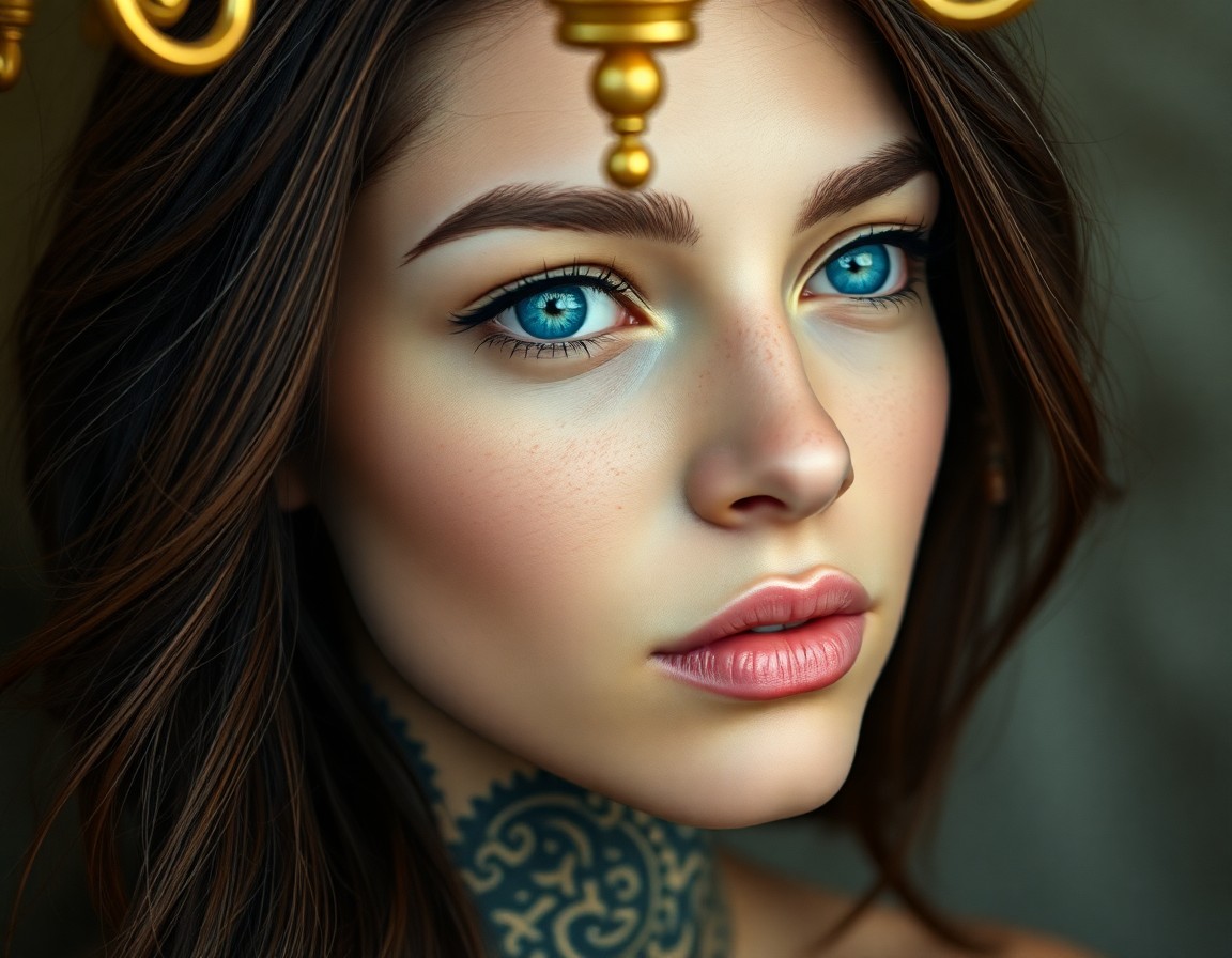 AI generated art for prompt: An iPhone portrait photograph showcases an enigmatic Middle Eastern woman with piercing blue eyes an