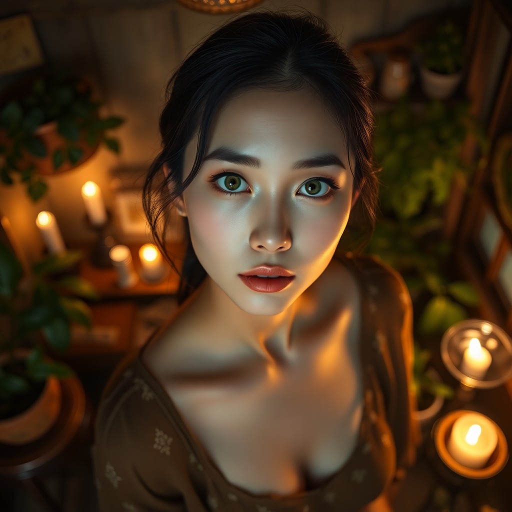 AI generated art for prompt: A photorealistic portrait of an East Asian woman with captivating green eyes and flawless porcelain 