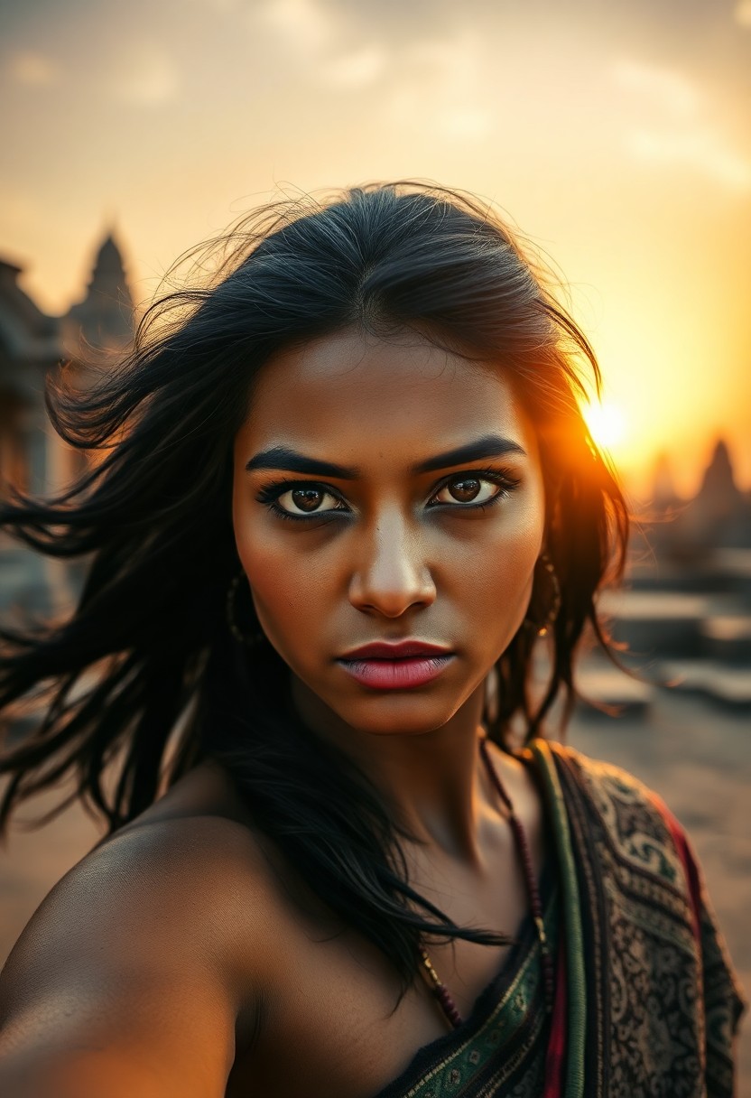 AI generated art for prompt: A captivating portrait photograph showcases a South Asian woman with rich dark skin and flowing blac