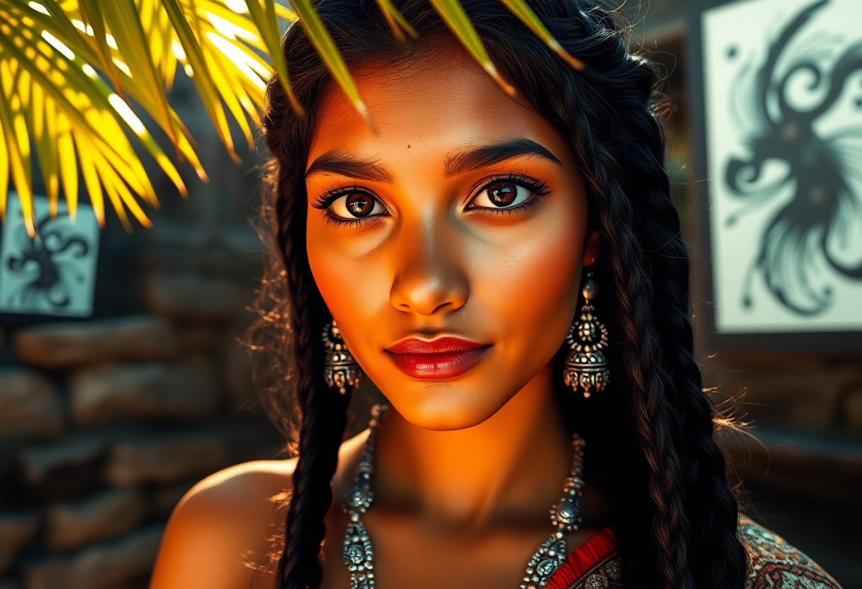 AI generated art for prompt: Create a photorealistic portrait of a South Asian woman with warm brown skin, almond-shaped eyes, an