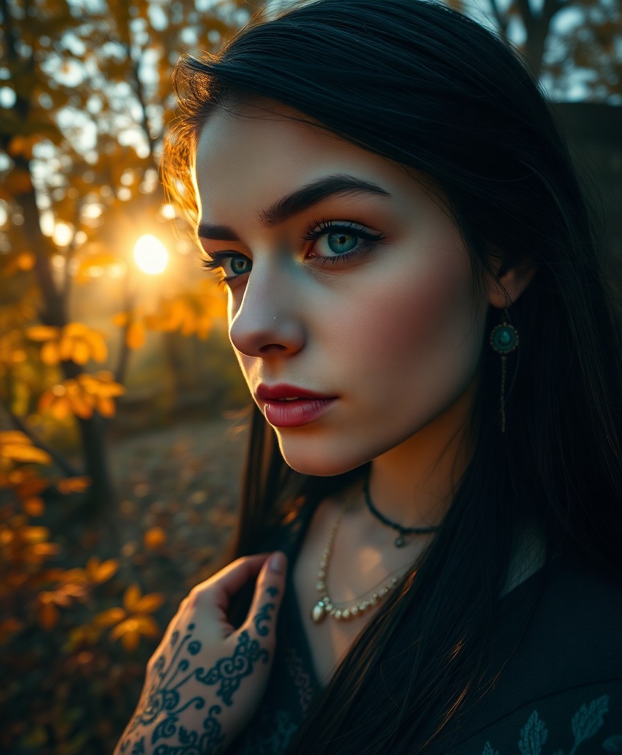 AI generated art for prompt: A captivating portrait photograph presents a mesmerizing Slavic woman with porcelain skin and raven 