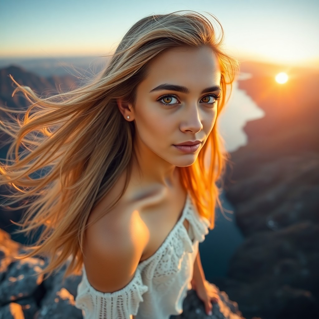 AI generated art for prompt: A portrait photograph captures a young Hispanic woman with captivating amber eyes, sun-kissed skin, 