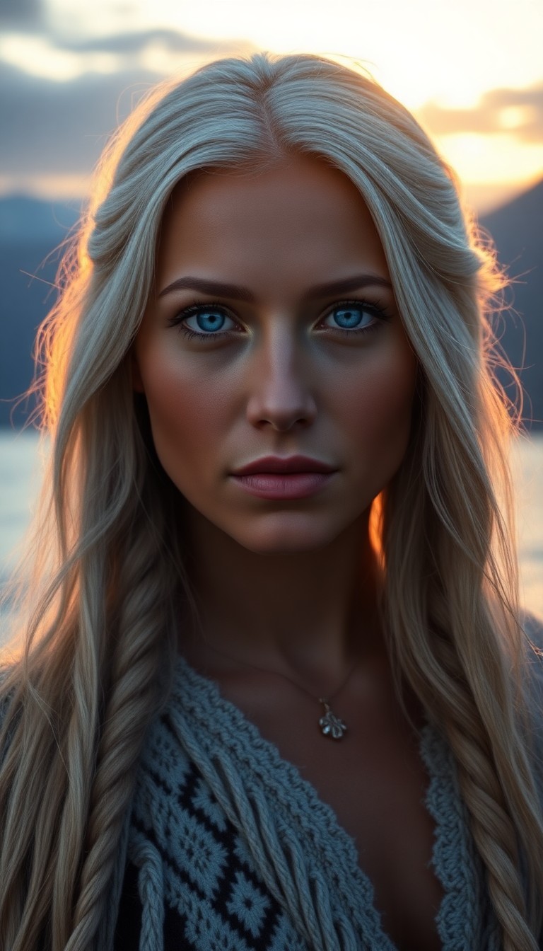 AI generated art for prompt: An ultrarealistic portrait of a Native American woman with striking blue eyes and long platinum hair