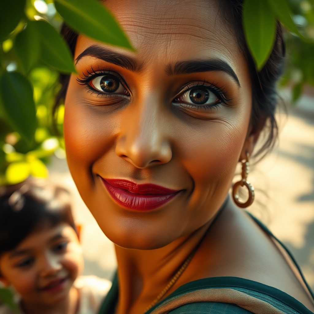 AI generated art for prompt: Envision a photorealistic portrait of an enchanting South Asian woman in her early 40s, showcasing t