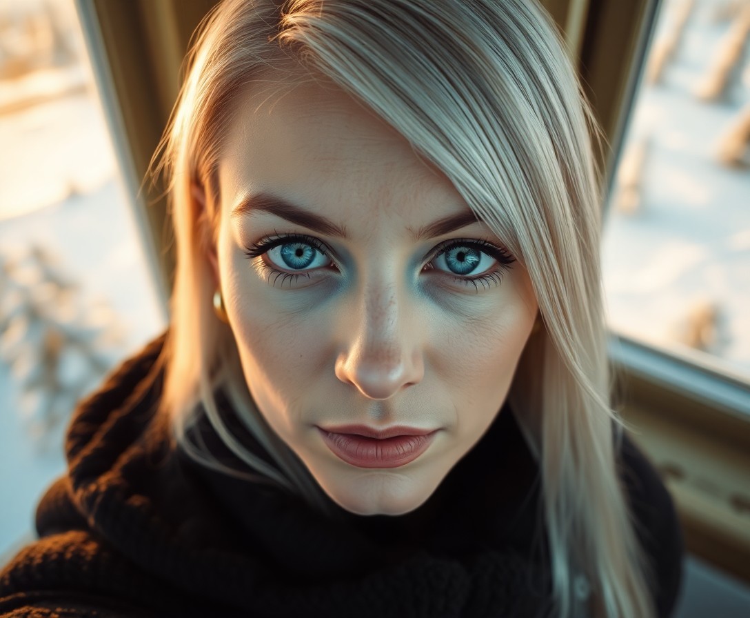 AI generated art for prompt: An iPhone portrait showcases a Nordic woman with captivating ice-blue eyes and sleek platinum hair, 