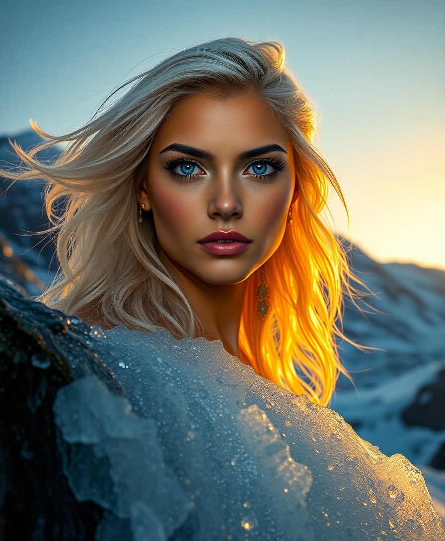 AI generated art for prompt: Craft a photorealistic portrait of a Pacific Islander woman with vivid blue eyes and flowing platinu