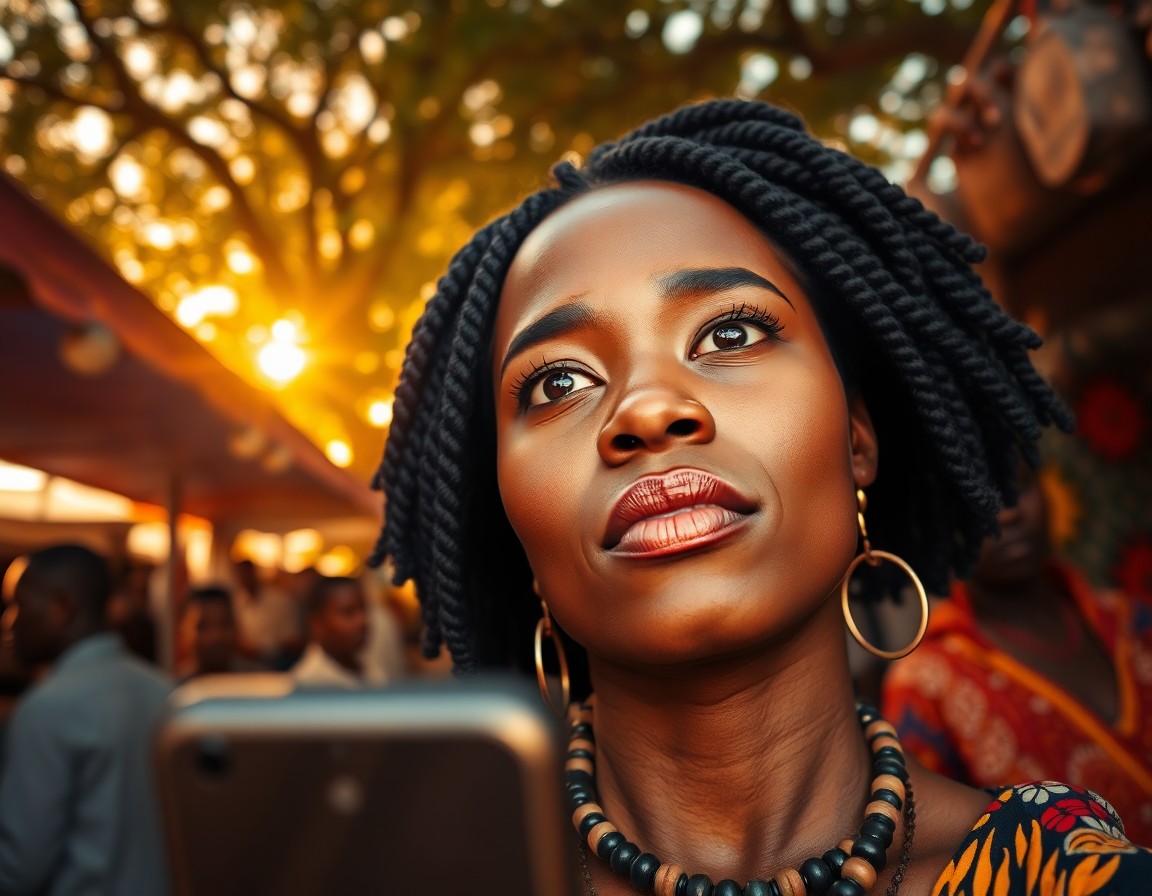 AI generated art for prompt: A photorealistic smartphone portrait captures an African woman's enigmatic presence amidst a vibrant