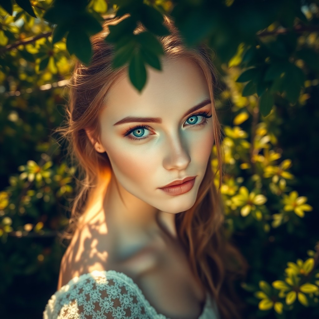 AI generated art for prompt: A captivating Slavic woman with striking blue eyes and a serene expression poses for an ethereal por