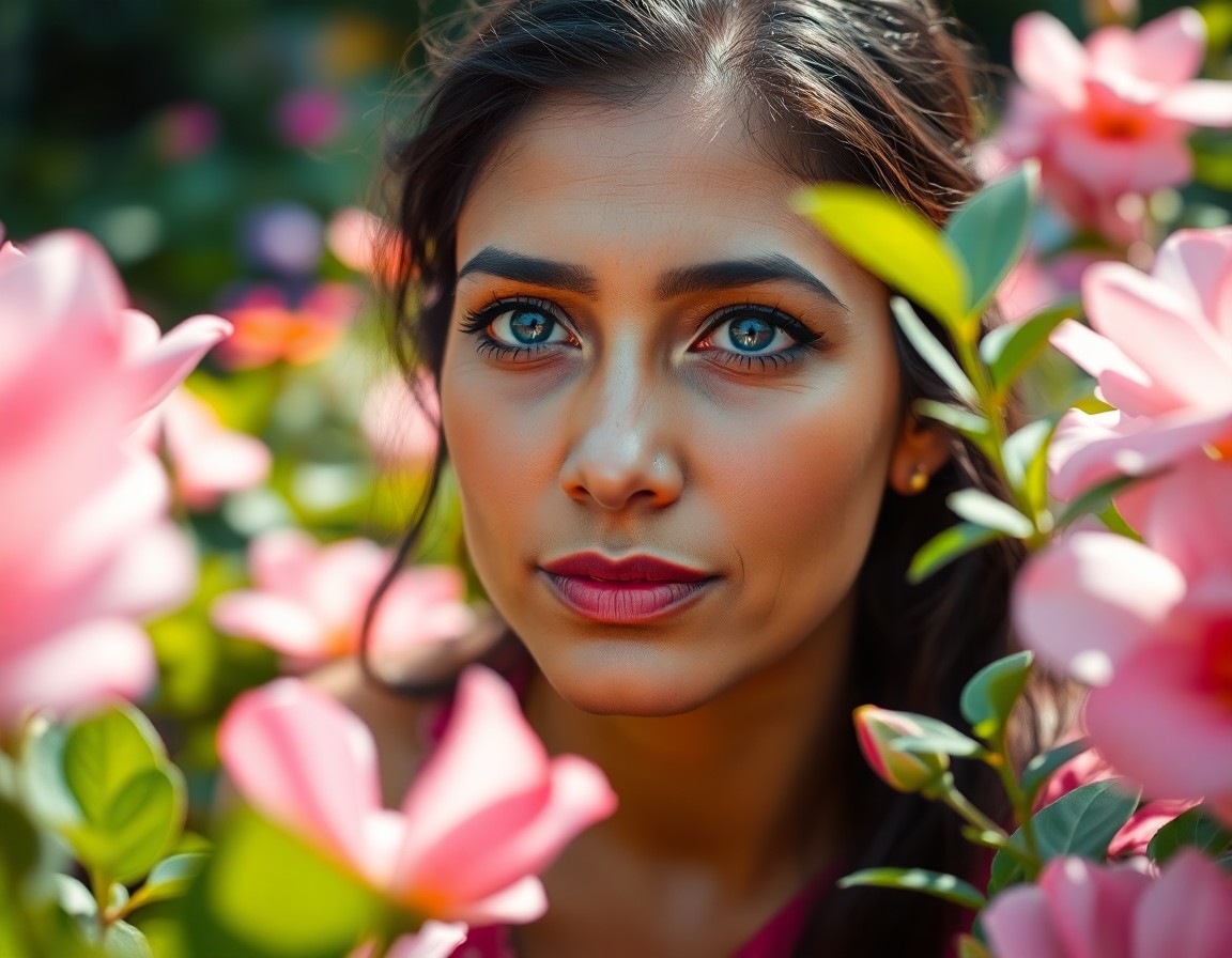 AI generated art for prompt: A serene South Asian woman, her mid-forties evidenced by gentle lines etched on her face, sits amids