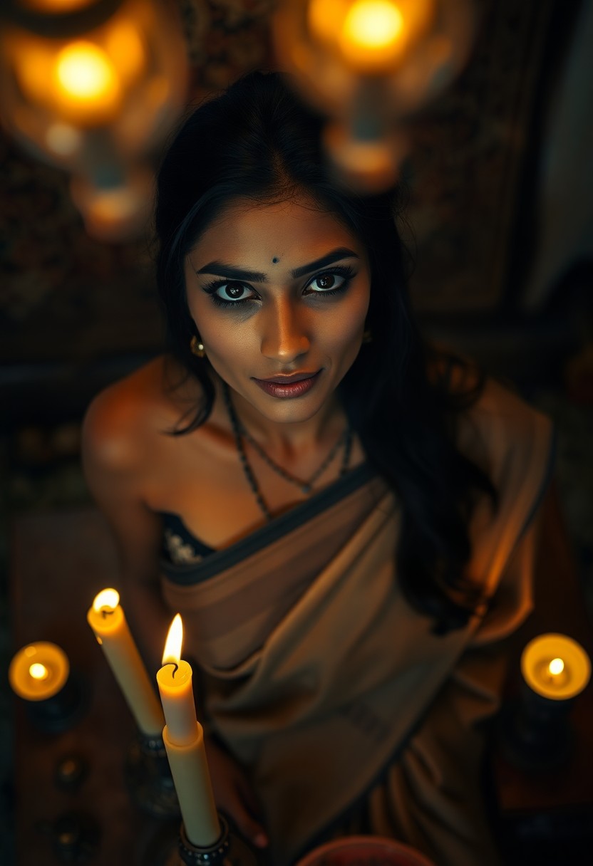 AI generated art for prompt: A photorealistic portrait photograph captures the enigmatic allure of a South Asian woman with pierc