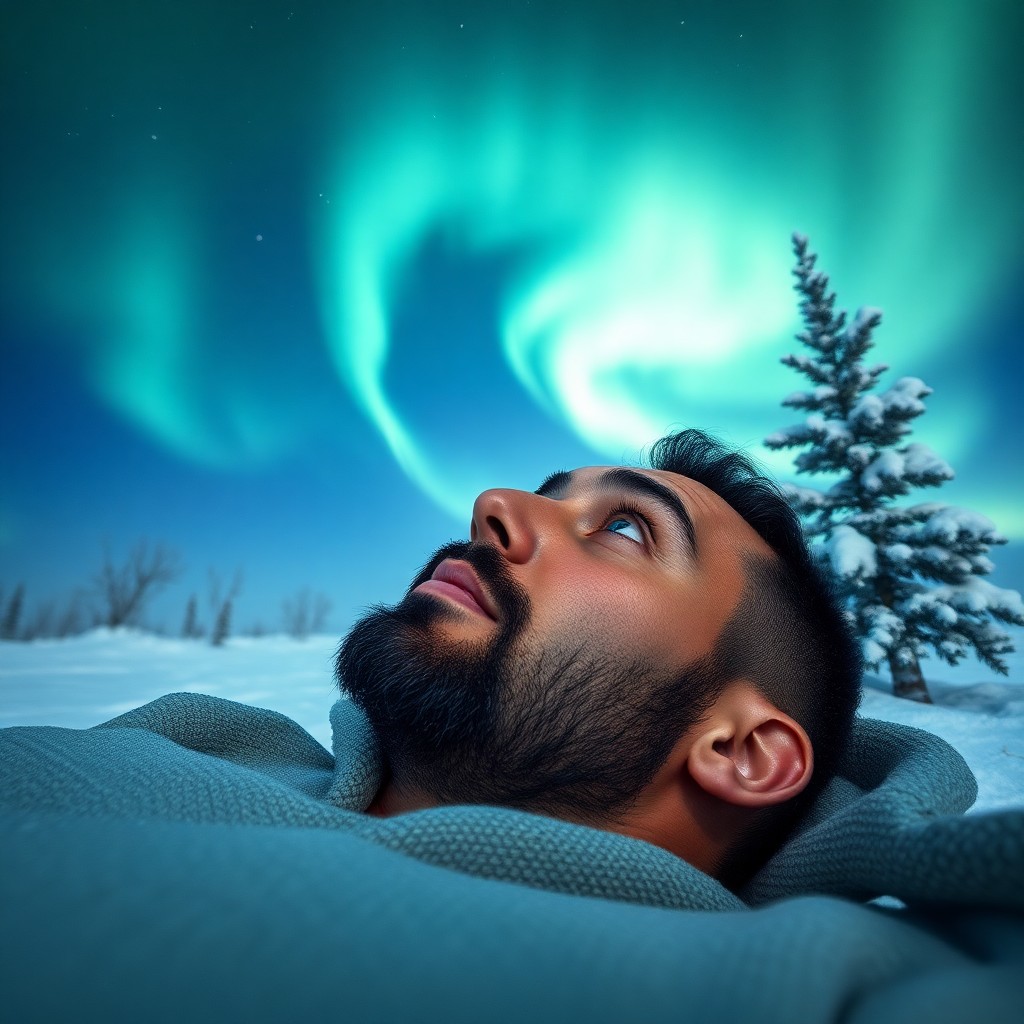 AI generated art for prompt: A distinguished Middle Eastern man with piercing blue eyes lies on his back against a barren winter 