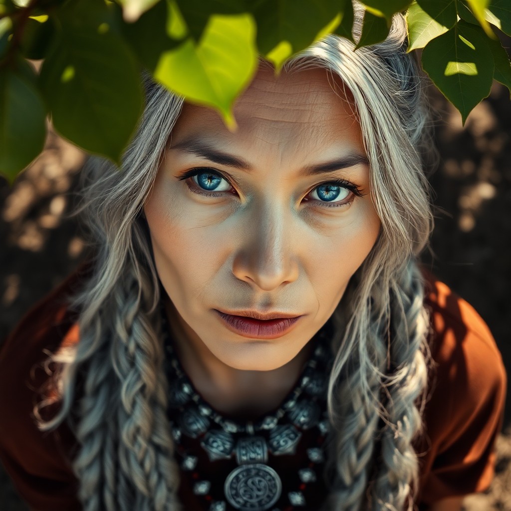 AI generated art for prompt: A captivating portrait photograph reveals an enigmatic East Asian woman with striking blue eyes and 