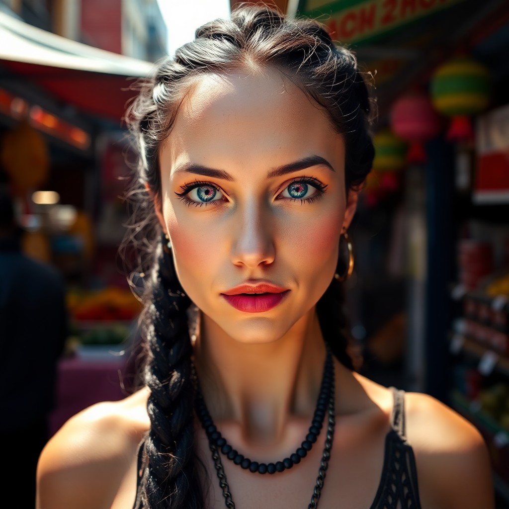 AI generated art for prompt: A portrait photograph featuring an Eastern European woman with captivating violet eyes and porcelain