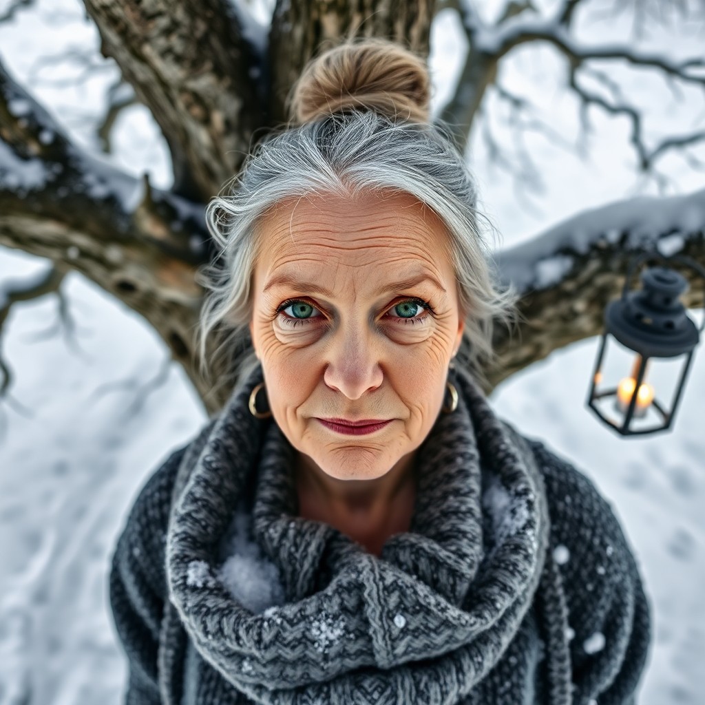 AI generated art for prompt: A portrait photograph captures a wise Nordic woman with emerald eyes and silver hair in a tight bun.